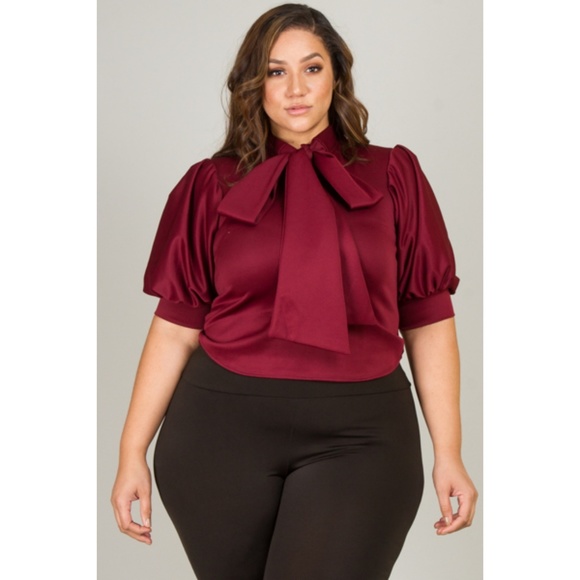 1x-3x PLUS MANDARIN BOW SHORT SLEEVE PUFFED TOP - Picture 2 of 2